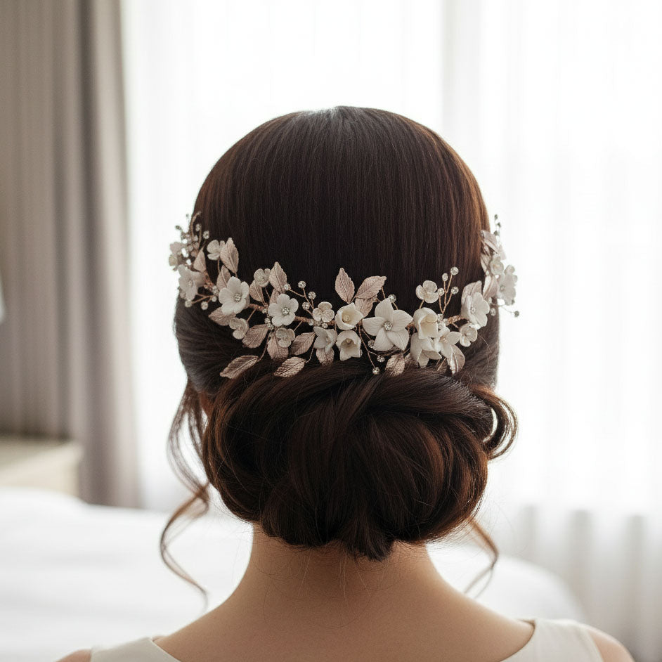 Rose Gold Hair Comb with White Flowers-Daffodil