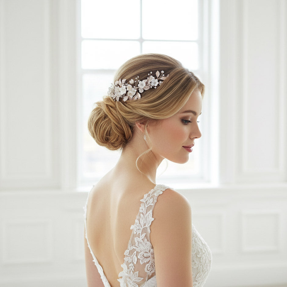 Silver Foral Hair Comb for Brides -Daffodil