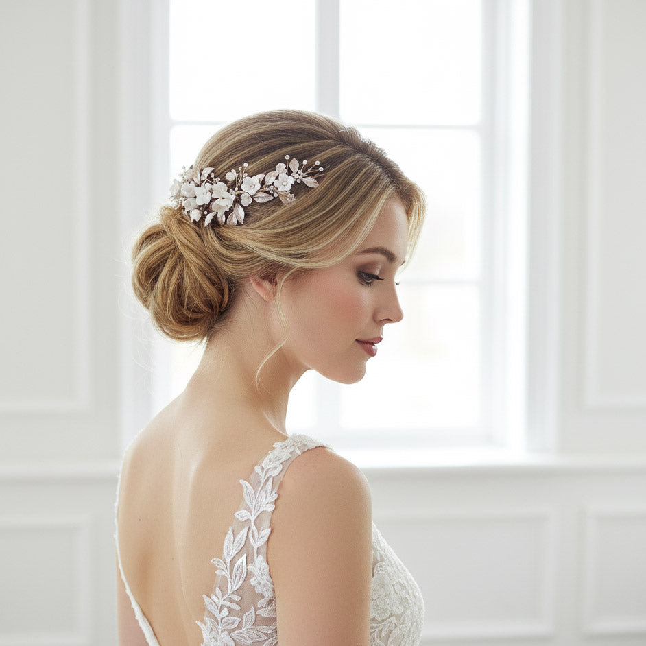 Rose Gold Hair Comb with White Flowers-Daffodil