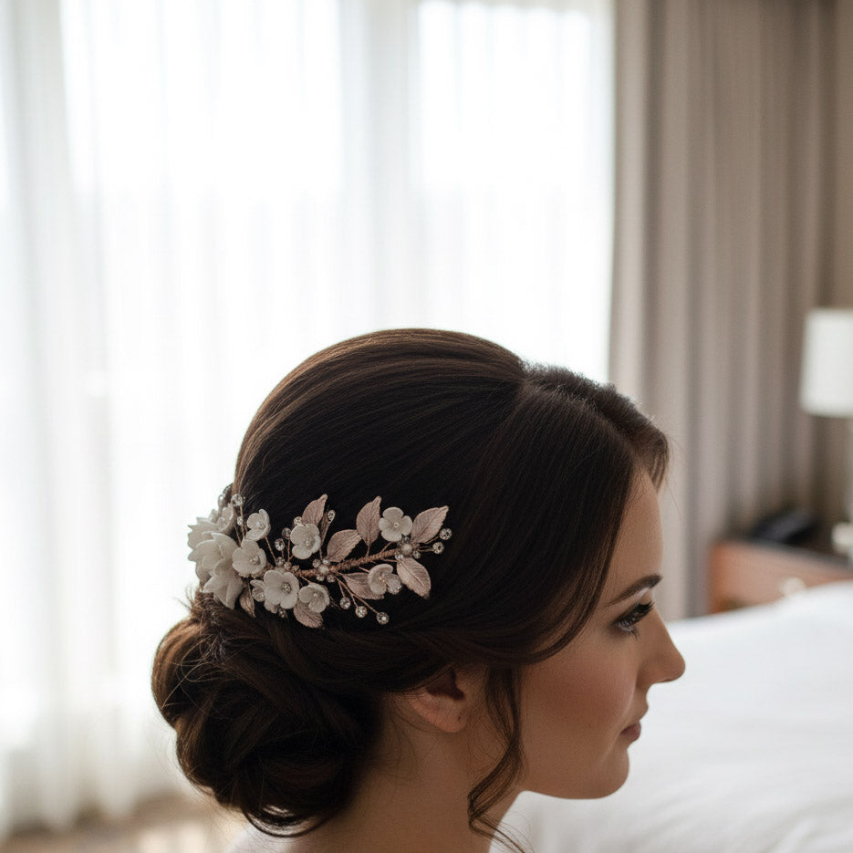 Silver Foral Hair Comb for Brides -Daffodil
