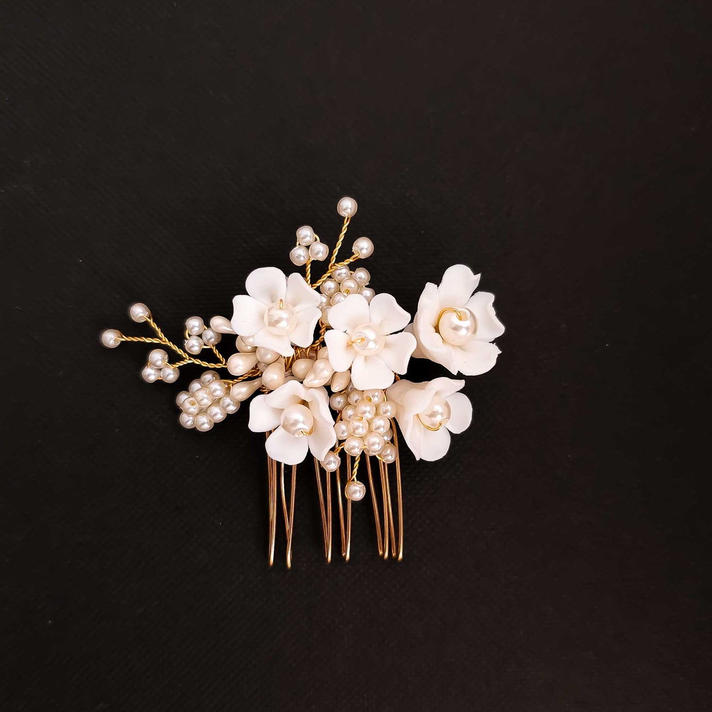 Simple Gold Wedding Hair Comb: A Dainty Floral and Pearl Bridal Accessory-Betty