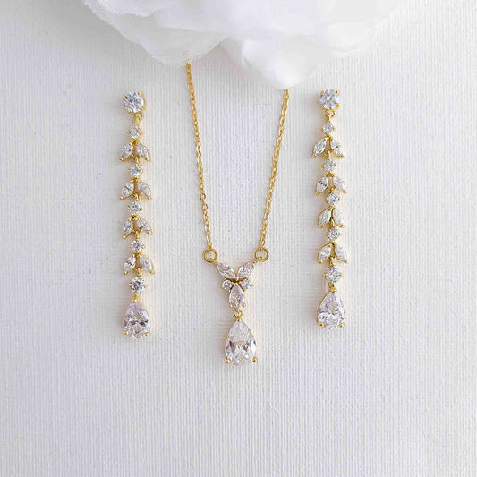 Gold Bridal Jewelry Set with Delicate Earrings and Necklace-Miranda