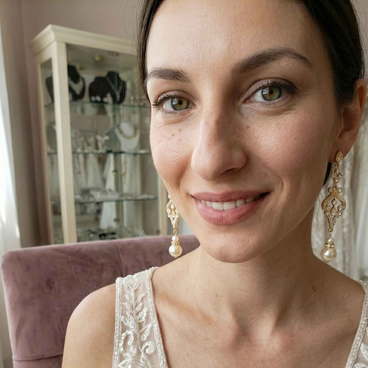Vintage Gold Earrings with Round or Pear Pearl Drops - Elizabeth