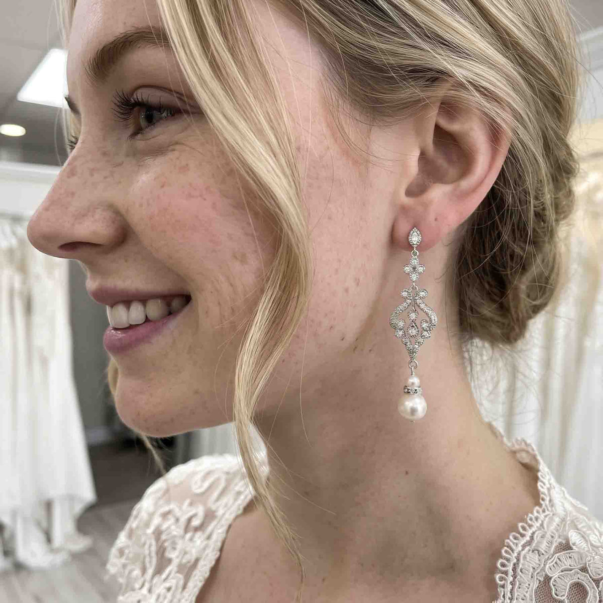 Vintage Silver Wedding Jewelry Set with Pearl Drop Earrings & Necklace - Elizabeth
