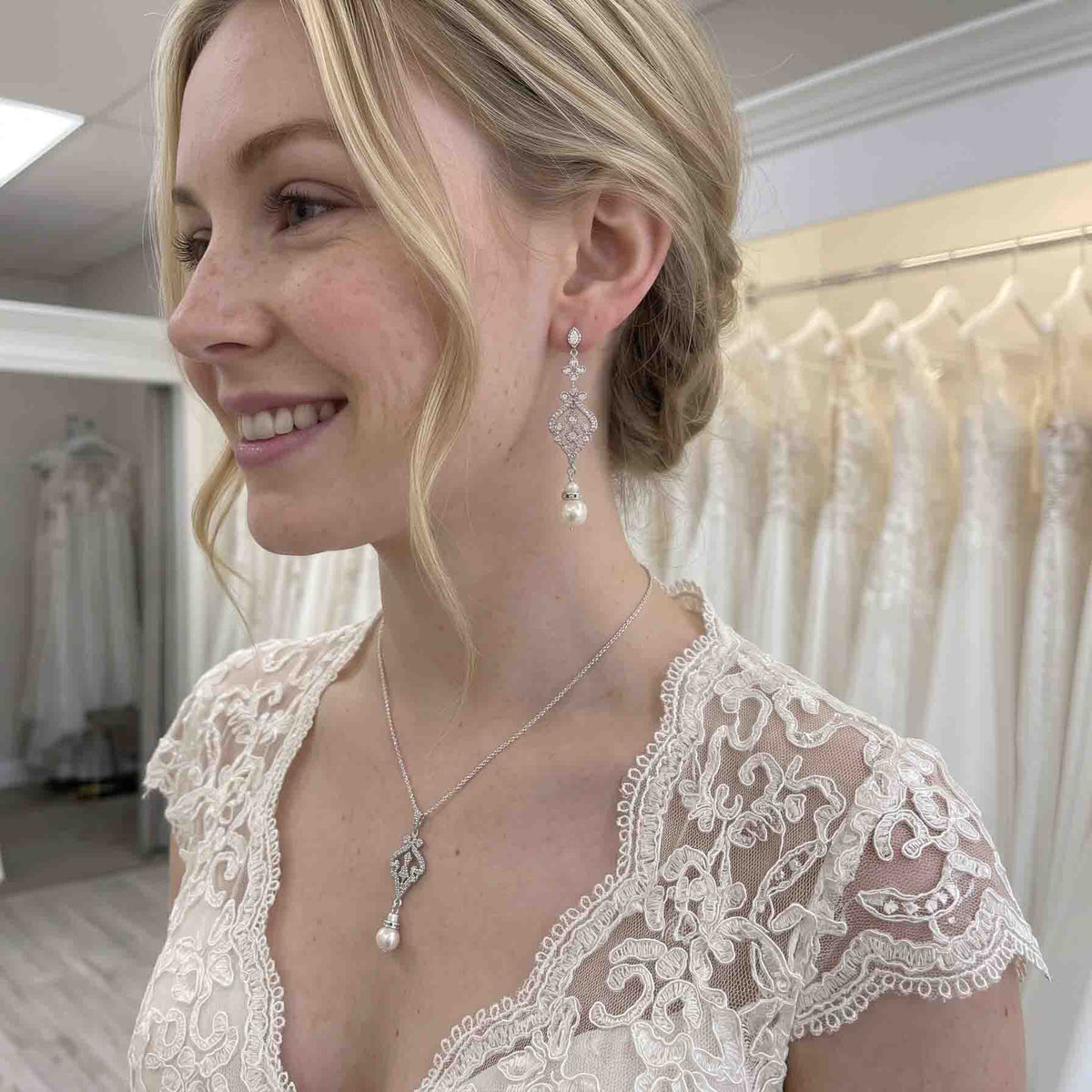 Vintage Silver Wedding Jewelry Set with Pearl Drop Earrings & Necklace - Elizabeth