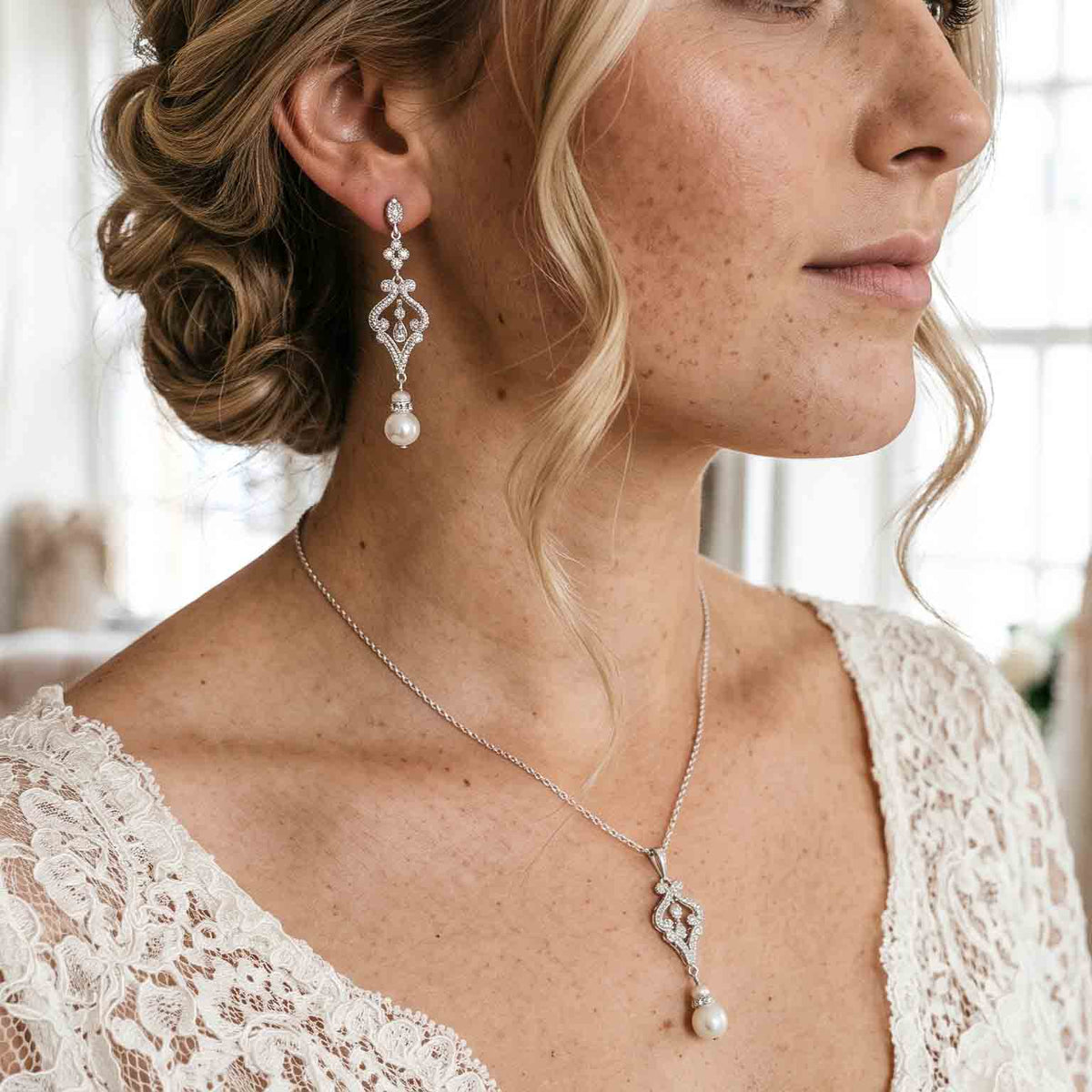 Vintage Silver Wedding Jewelry Set with Pearl Drop Earrings & Necklace - Elizabeth