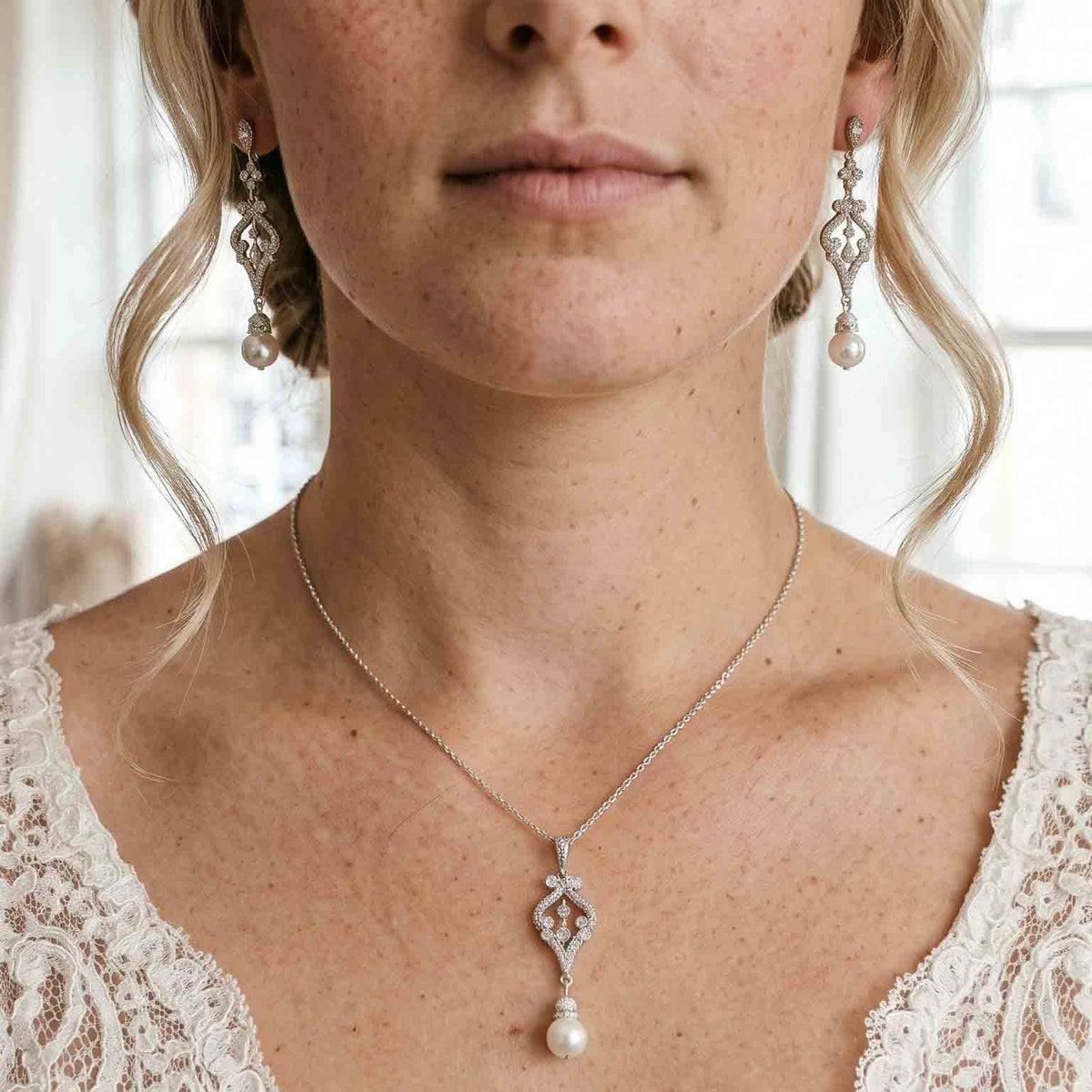 Vintage Silver Wedding Jewelry Set with Pearl Drop Earrings & Necklace - Elizabeth