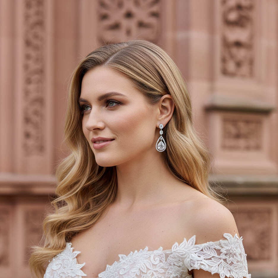 Brilliant Classic Teardrop Cubic Zirconia Earrings in Silver Finish - Ella