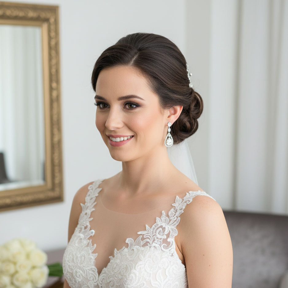 Brilliant Classic Teardrop Cubic Zirconia Earrings in Silver Finish - Ella