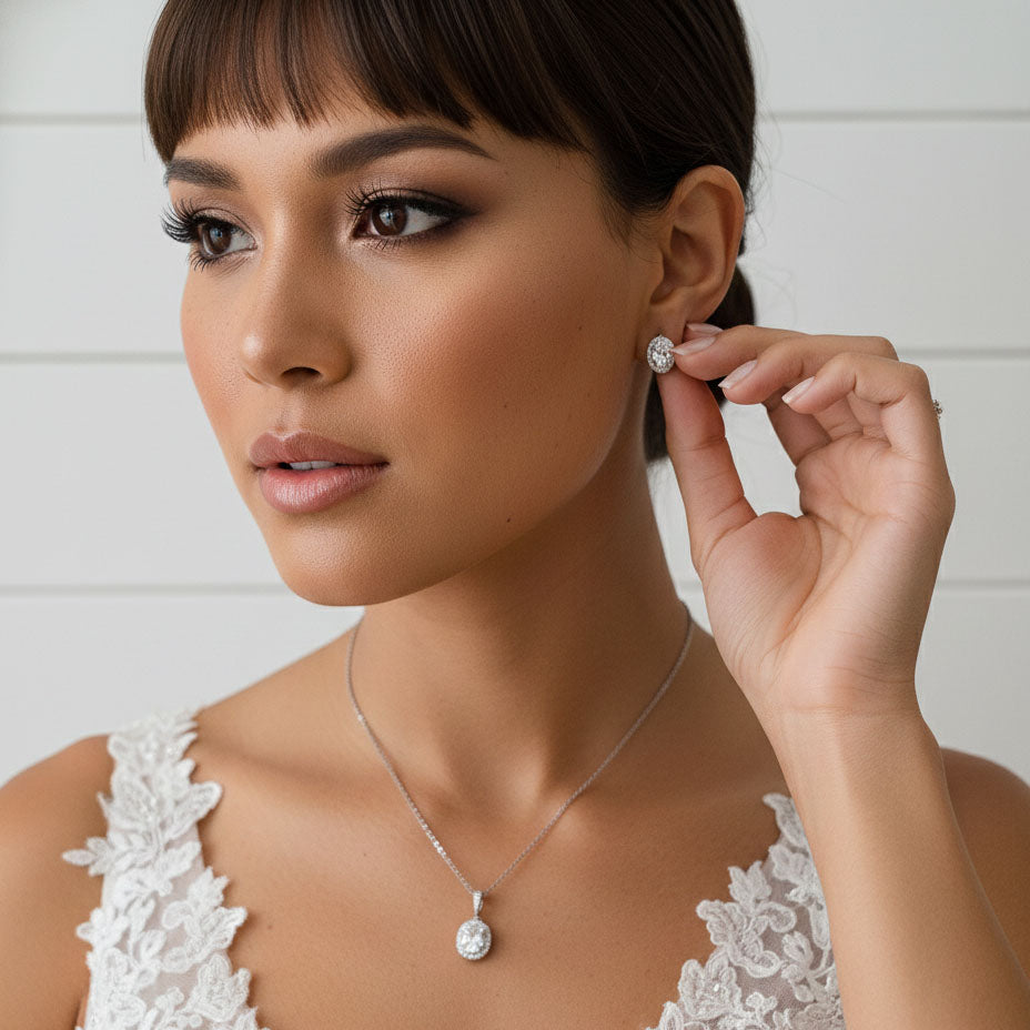 Brides & Bridesmaids Oval Stud Earrings and Necklace Set-Emily