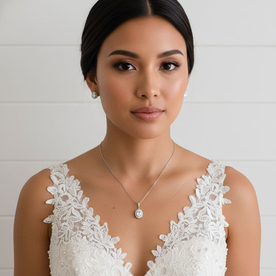 Oval Cubic Zirconia Stud Earrings and Necklace Set for Wedding-Emily