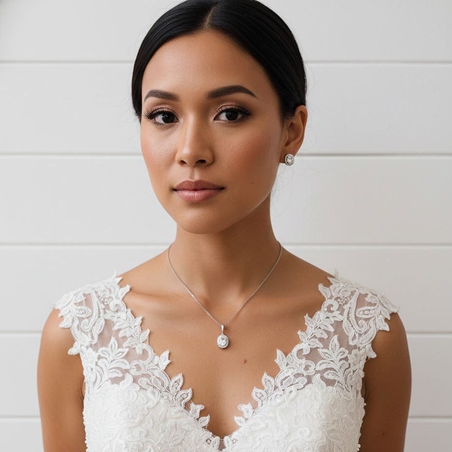 Oval Cubic Zirconia Stud Earrings and Necklace Set for Wedding-Emily