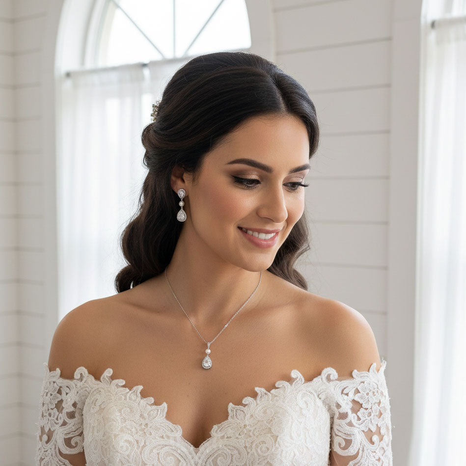 Gold Pearl & Cubic Zirconia Bridal Earrings with Pear Drops- Emma