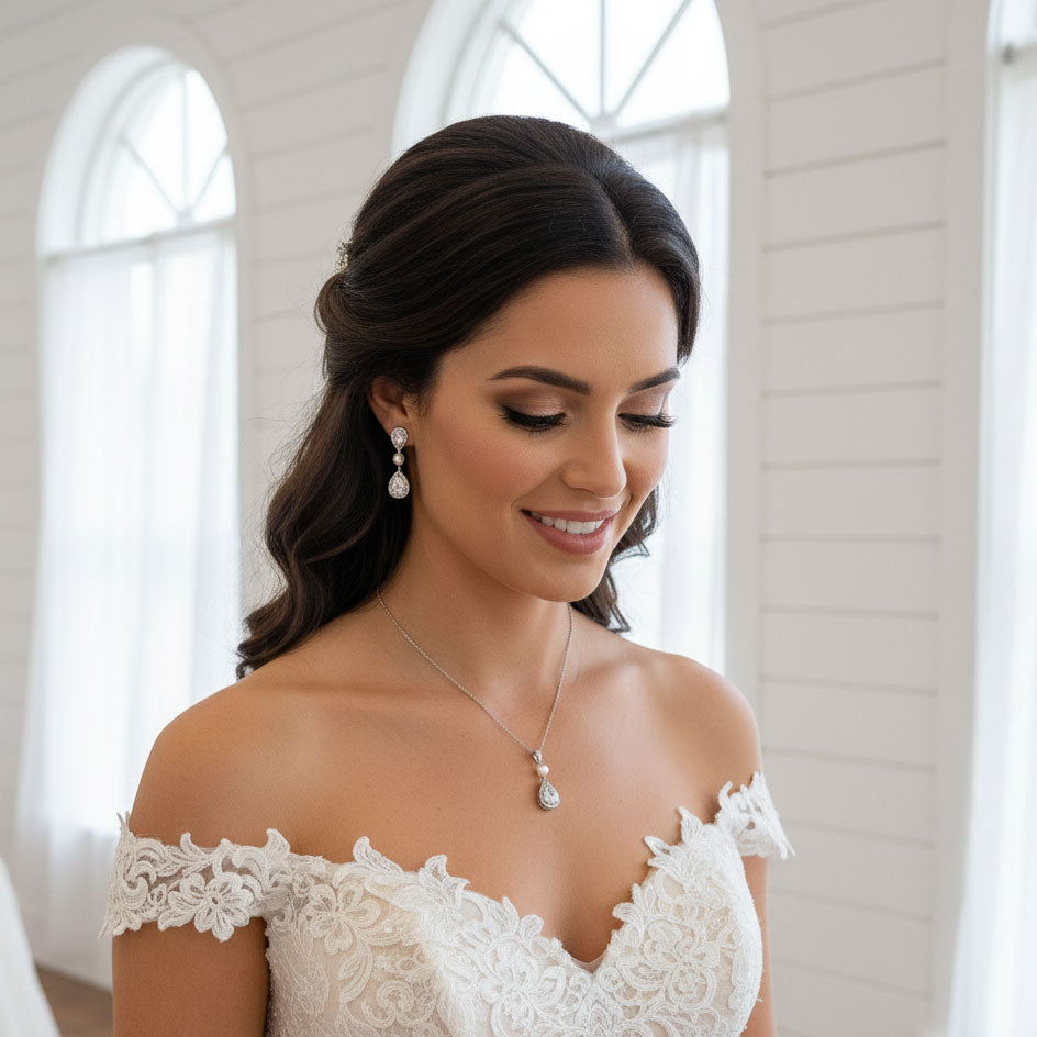 Rose Gold Pearl Bridal Jewelry Set | Teardrop Necklace & Earrings Silver / 16" inches Rose Gold Pearl Bridal Jewelry Set | Teardrop Necklace & Earrings Silver / 16" inches