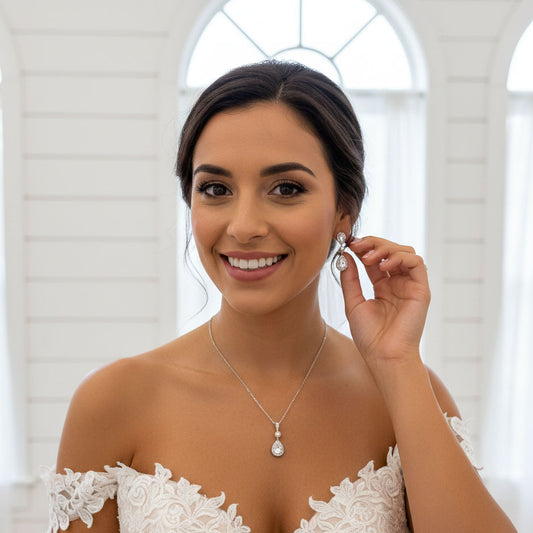 Classic Teardrop Pearl & Crystal Jewelry Set: Silver Necklace, Earrings & Bracelet- Emma