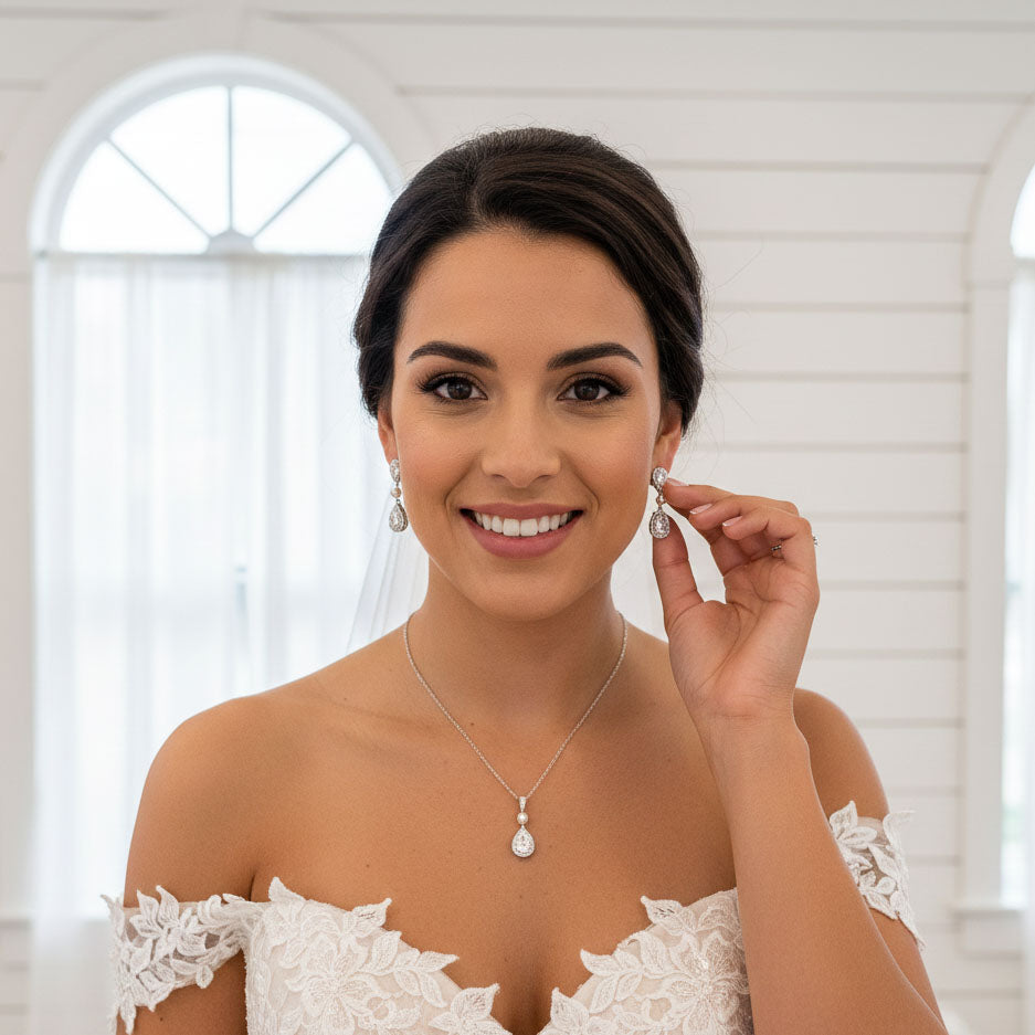 Teardrop Bridal Earrings: Rhodium-Plated Pearl & Cubic Zirconia -Emma