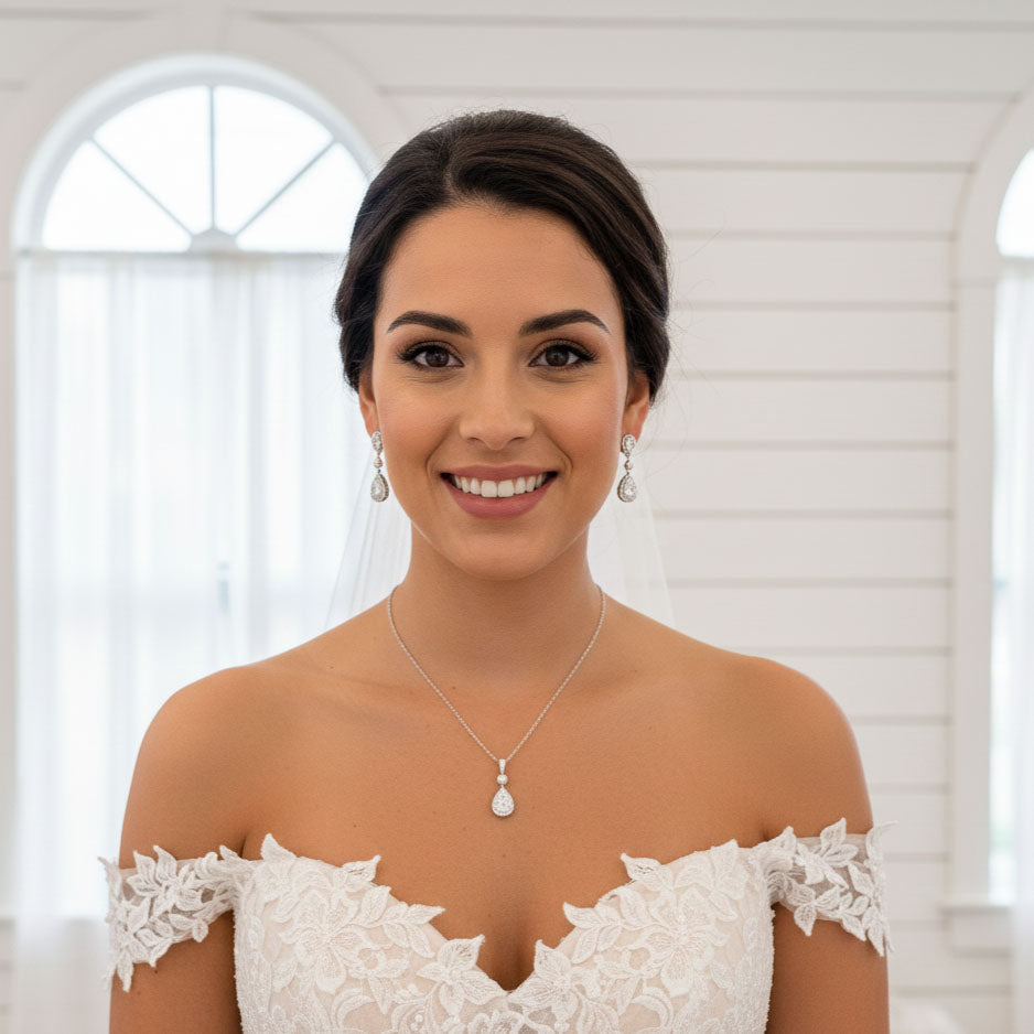 Gold Pearl & Cubic Zirconia Bridal Earrings with Pear Drops- Emma