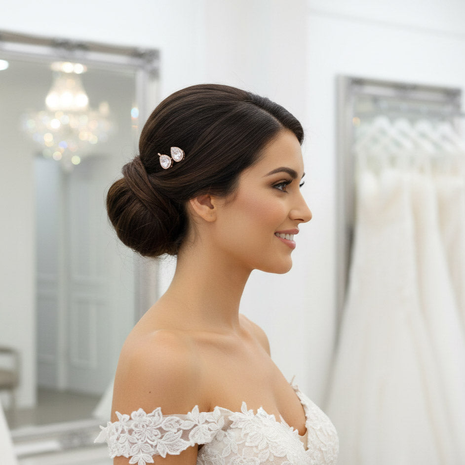 Rose Gold Teardrop CZ Hair Pins Set for Bridesmaids & Flower Girls- Evelyn