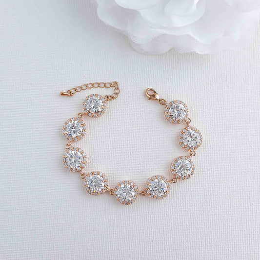 Bracelet de mariage en or rose, bracelet de mariée en cristal, bijoux de mariage, bracelet en zircon cubique en or rose, Evita