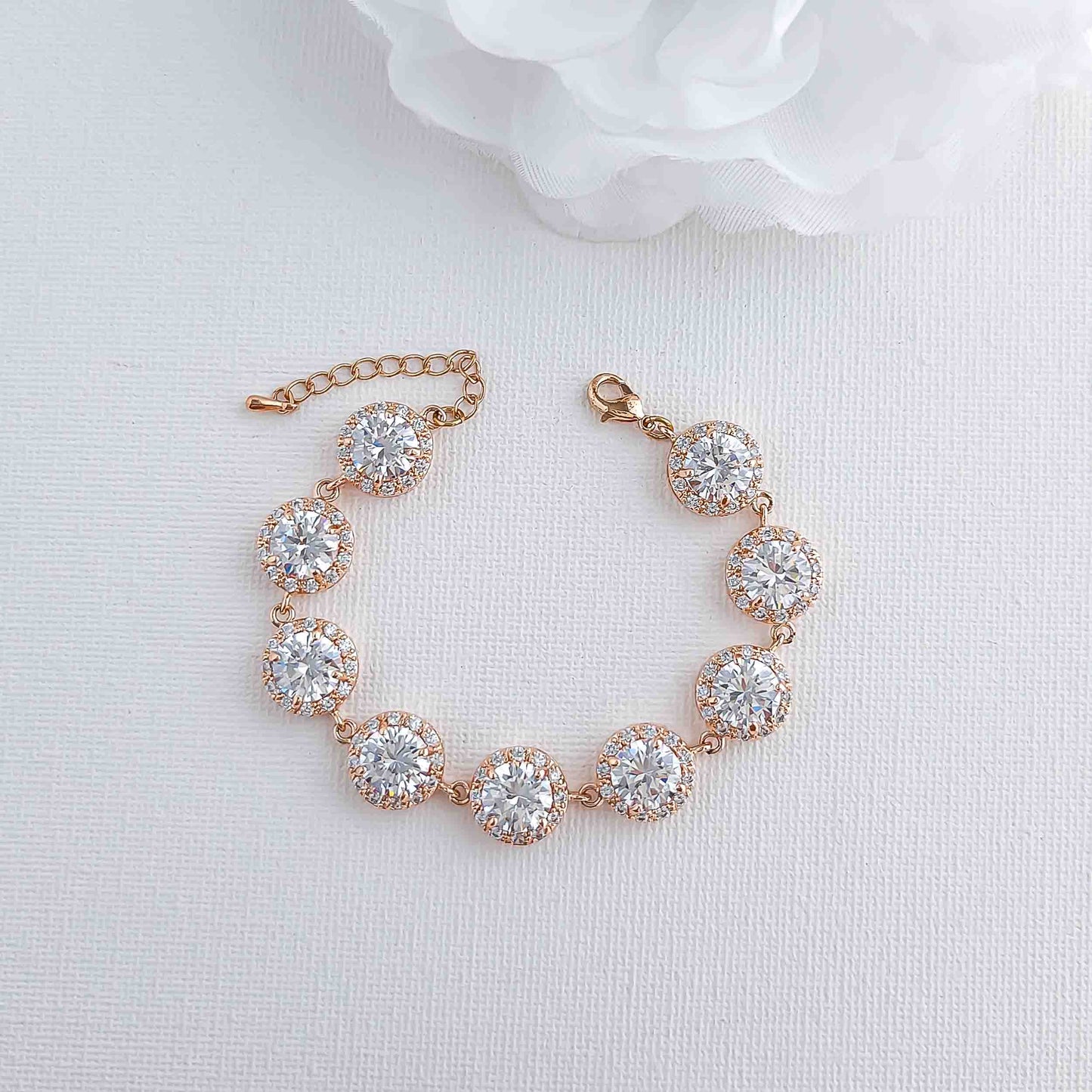 Bracelet de mariage en or rose, bracelet de mariée en cristal, bijoux de mariage, bracelet en zircon cubique en or rose, Evita
