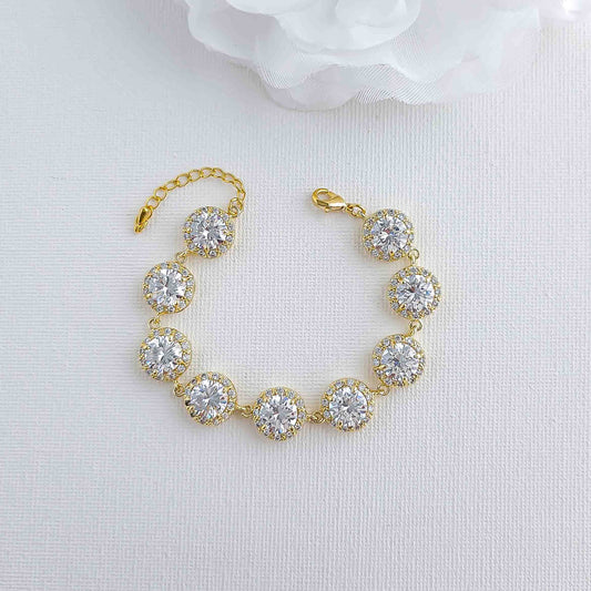 Bracelet de mariage en or, bracelet de mariée en cristal, bracelet rond CZ, or rose, bracelet en zircone, bijoux de mariage en or, Evita