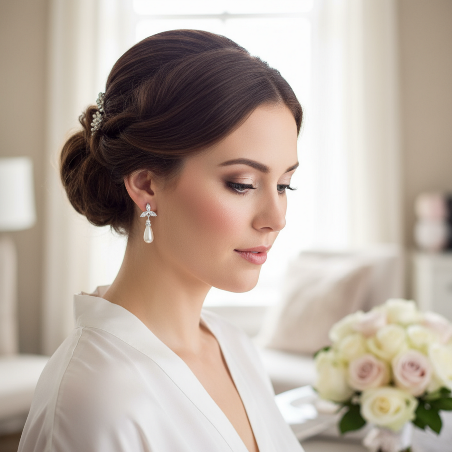 Rose Gold Flower Pearl Earrings: Simple Elegance for a Bridal Look- Flora