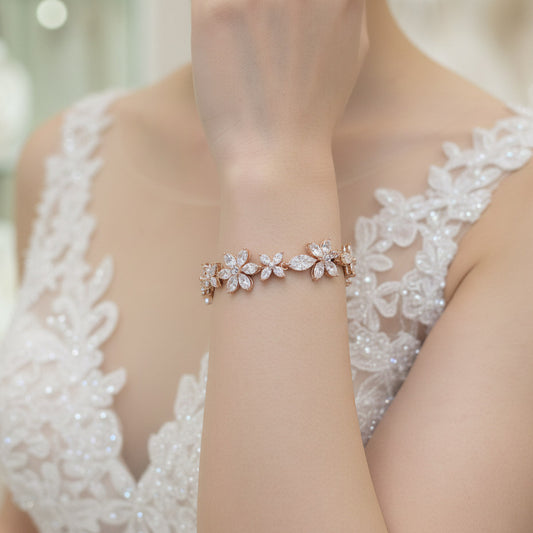 Floral Bridal Bracelet in Rose Gold & CZ Crystals- Daisy