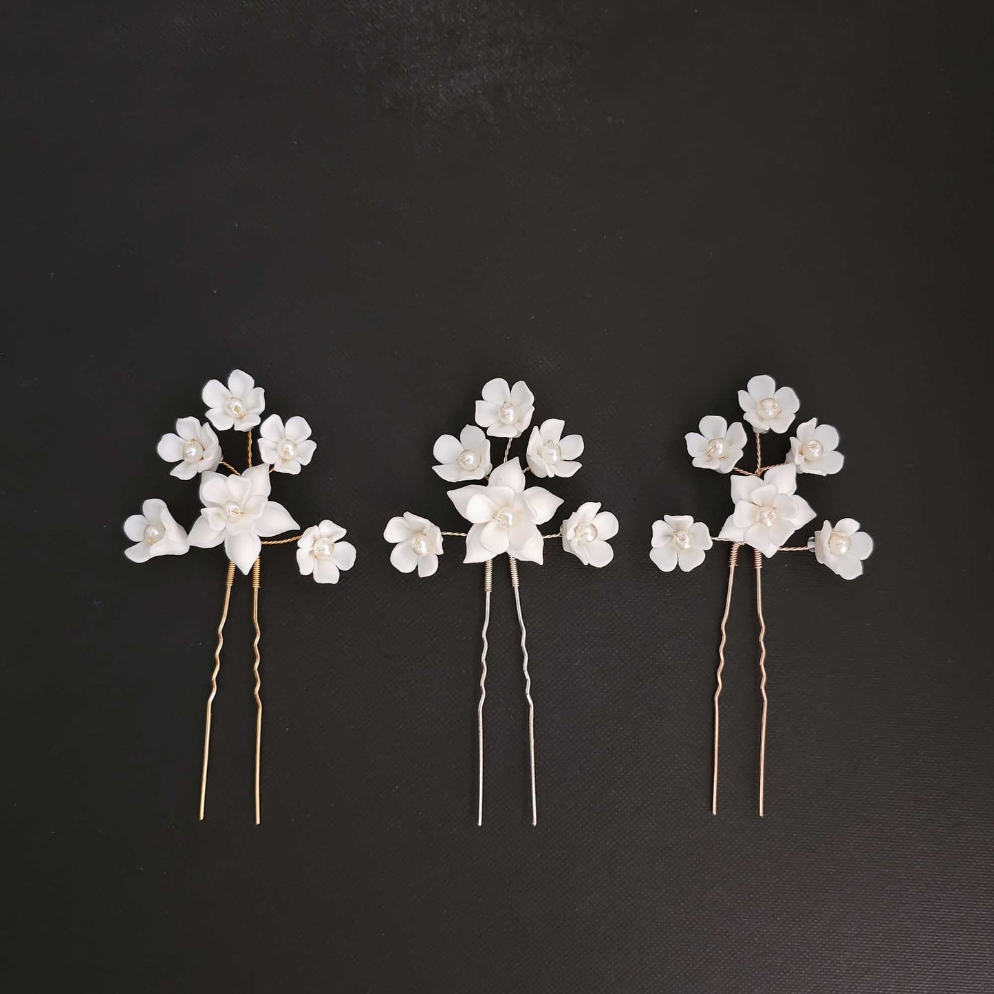 White Floral Pearl Bridal Hairpins-Lana