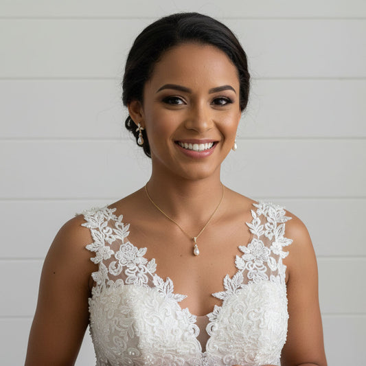 Floral Pearl Jewelry Set: Elegant Teardrop Necklace and Earrings for Weddings & Occasions- Flora