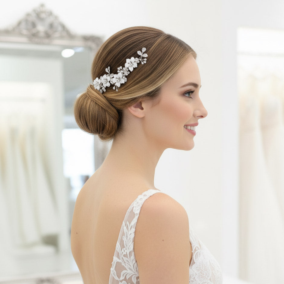 Rose Gold Hair Comb for Brides with Leaf and Flower-Gardenia