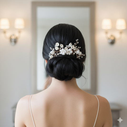 Rose Gold Hair Piece with White Ceramic Flowers-Tulip