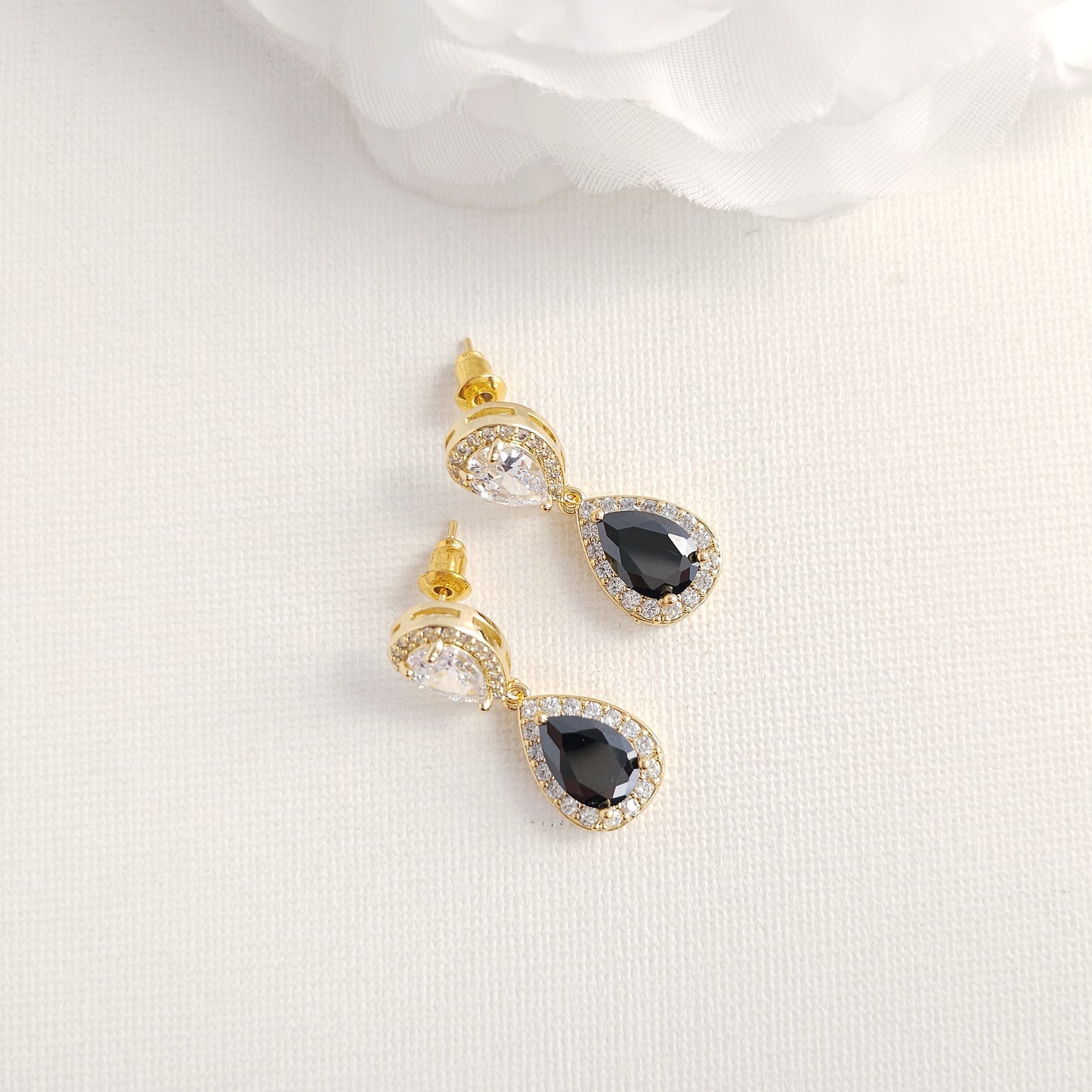 Black & Clear Cubic Zirconia Drop Earrings: Elegant Contrast, Two-Tone Design- Zoe