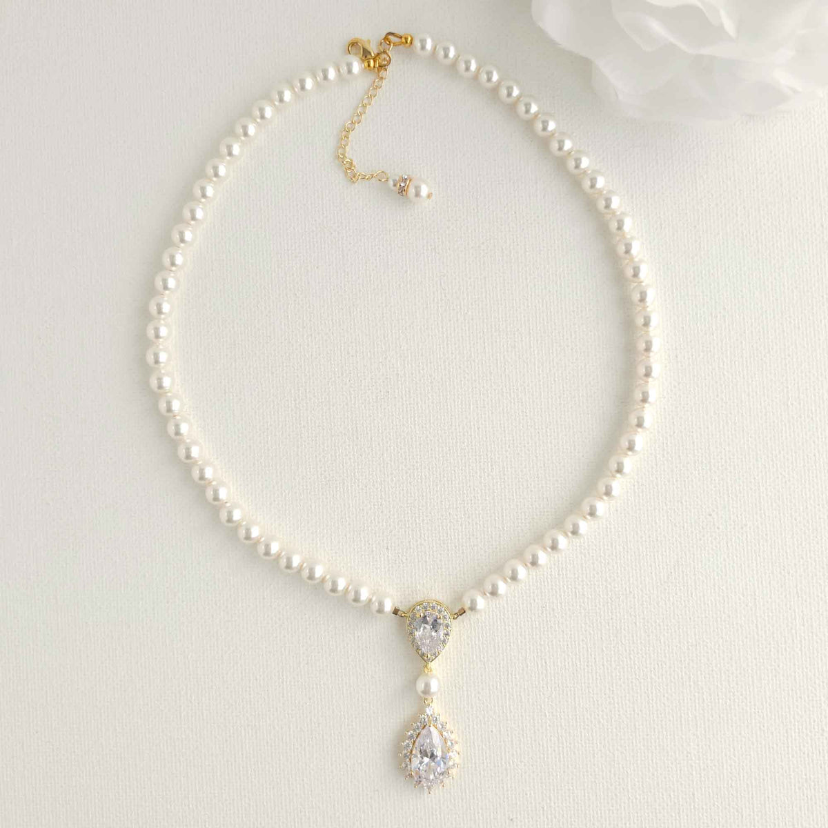 Bridal Pearl Strand and Teardrop CZ Pendant Necklace - Raya