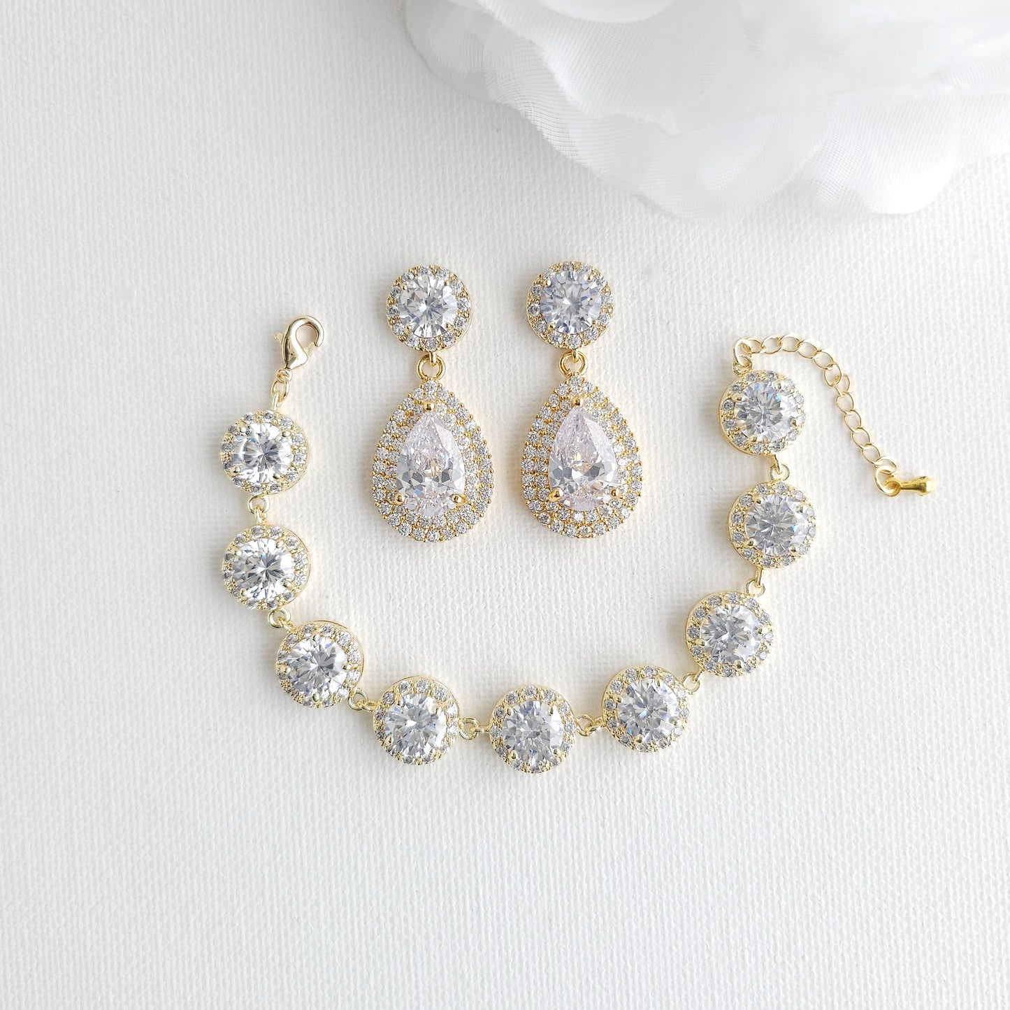 Rose Gold Bridal Jewelry Set | Vintage Teardrop Earrings & Halo Bracelet - Grace