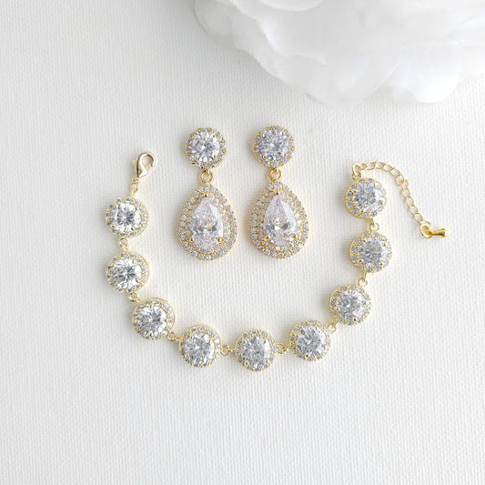 Gold Bridal Jewelry Set | Statement Teardrop Earrings & Halo Bracelet - Grace