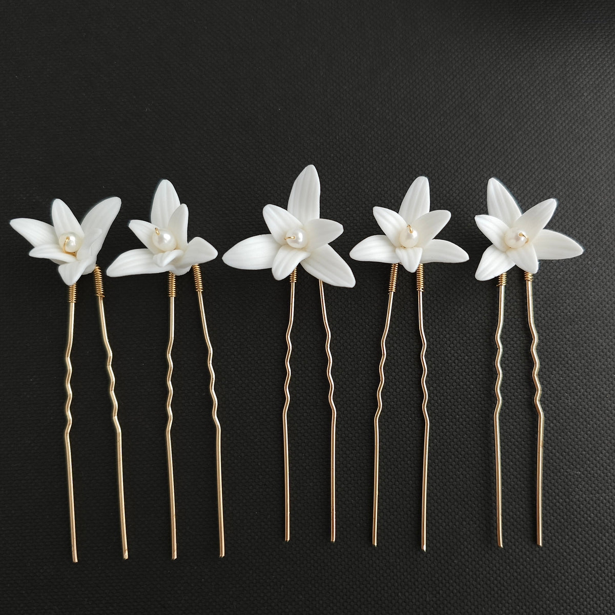 White Flower Wedding Hair Pins 5-Piece Set in Silver and Gold - Jasmine