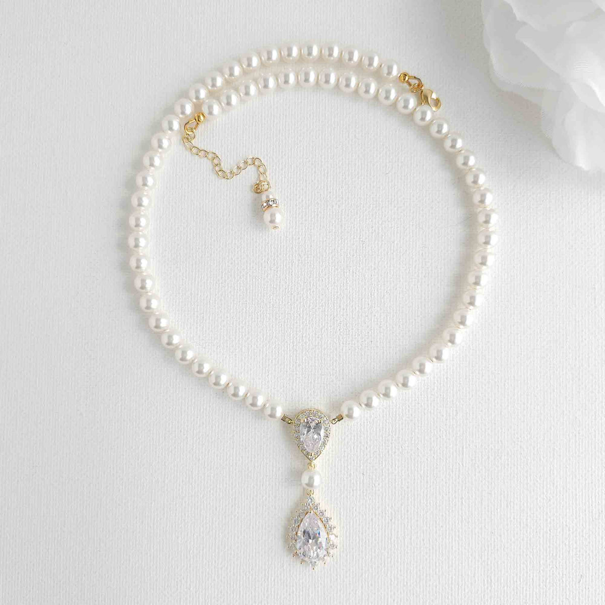 Bridal Pearl Strand and Teardrop CZ Pendant Necklace - Raya