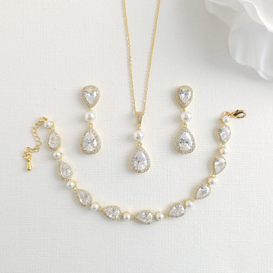 Classic Pearl & Gold CZ Teardrop Wedding Jewelry Set- Emma