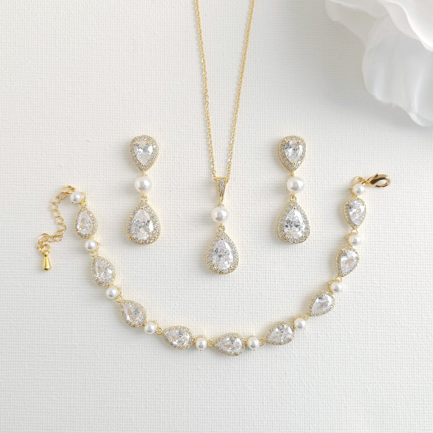 Classic Teardrop Pearl & Crystal Jewelry Set: Silver Necklace, Earrings & Bracelet- Emma