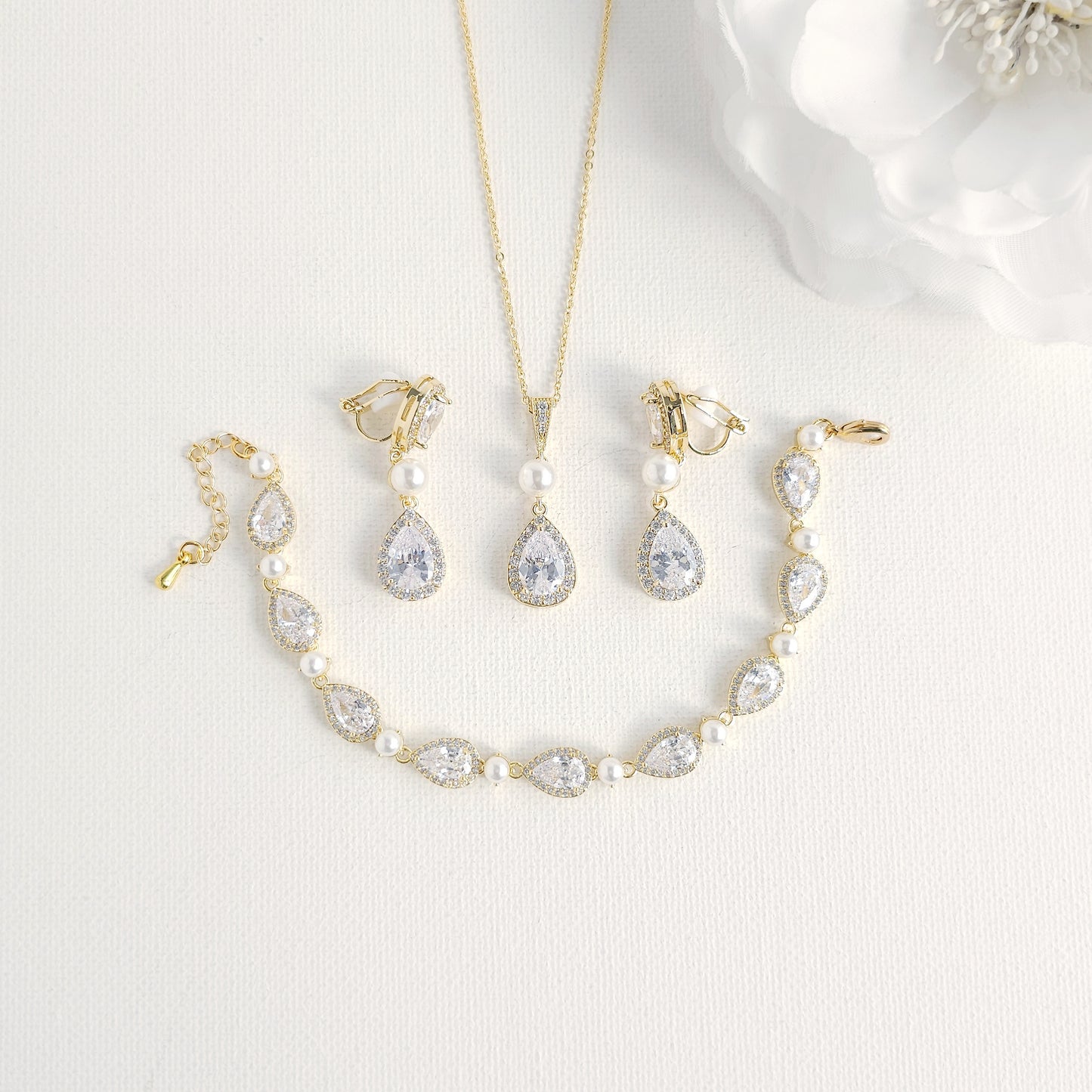 Silver 3-Piece Bridal Jewelry Set- Necklace, Bracelet & Clip-On Earrings- Emma