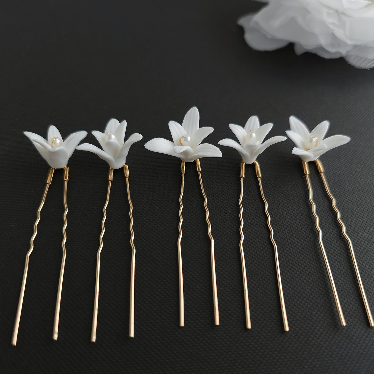White Flower Wedding Hair Pins 5-Piece Set in Silver and Gold - Jasmine