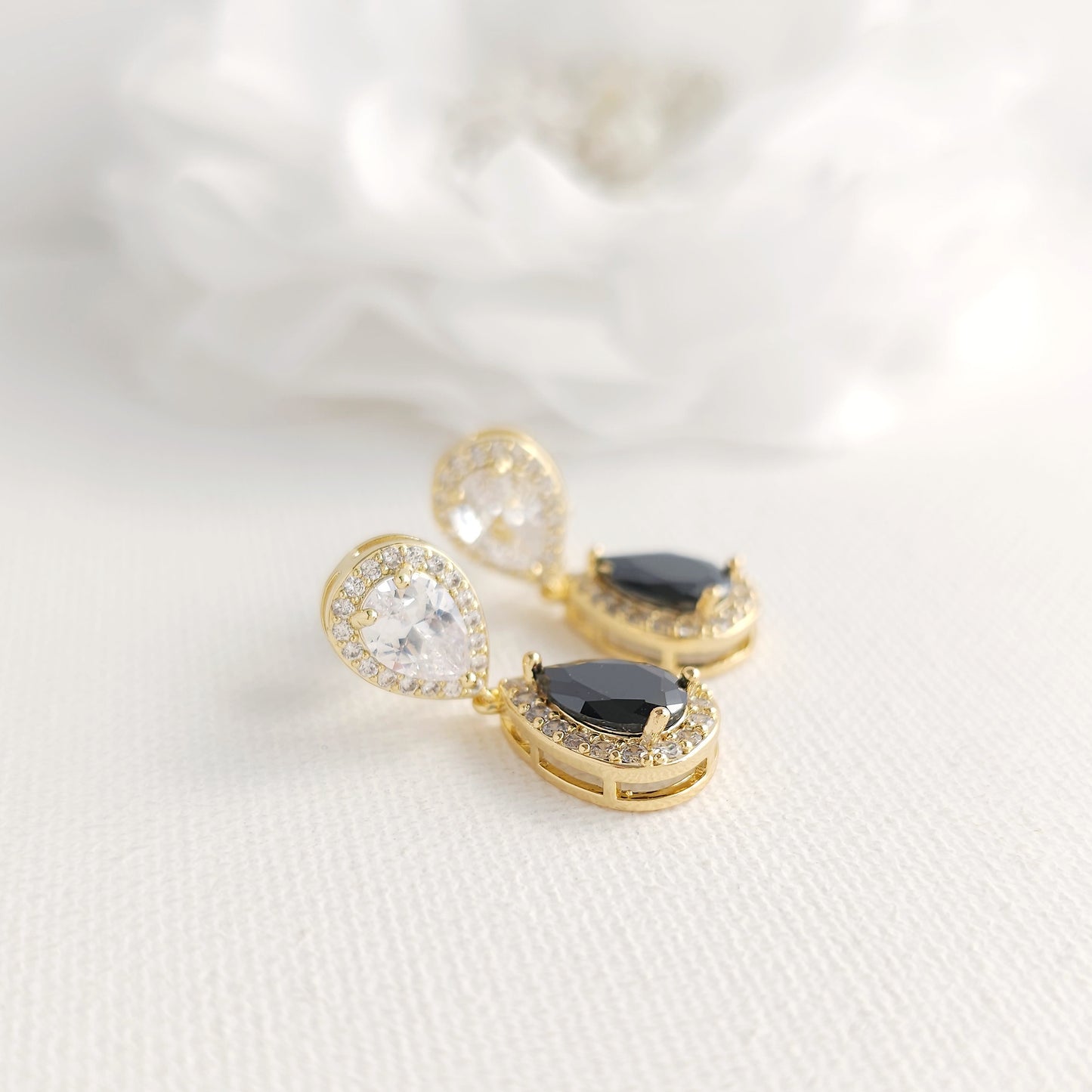Black & Clear Cubic Zirconia Drop Earrings: Elegant Contrast, Two-Tone Design- Zoe