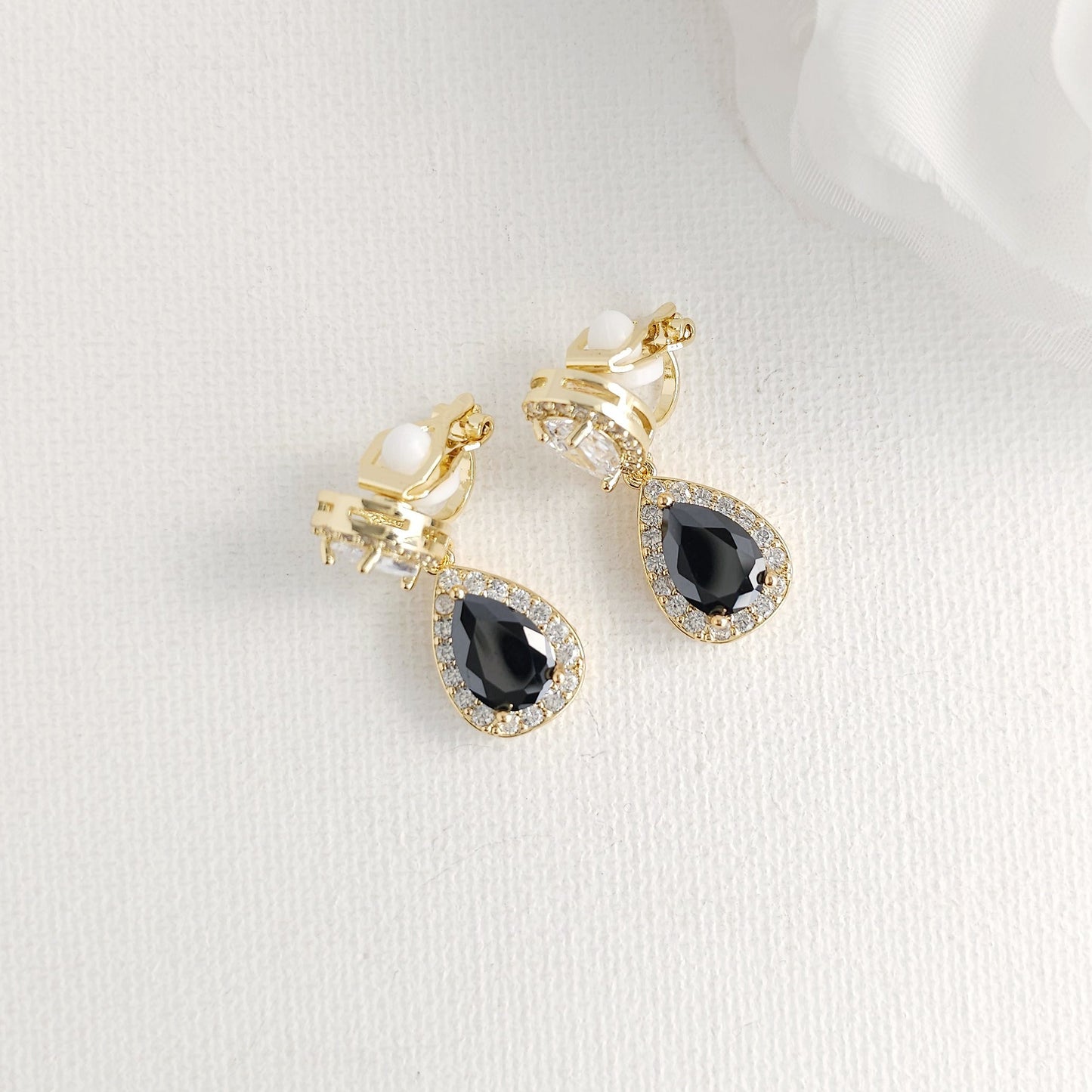Black Teardrop Drop Stone in Gold Clip On Earrings