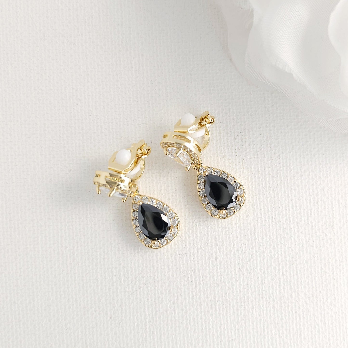 Black Drop Clip On Earrings in Rose Gold - Zoe