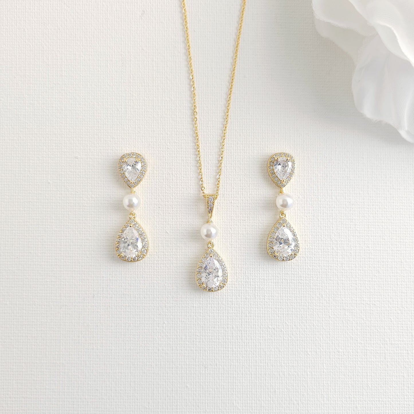 Classic Teardrop Pearl & Crystal Jewelry Set: Silver Necklace, Earrings & Bracelet- Emma