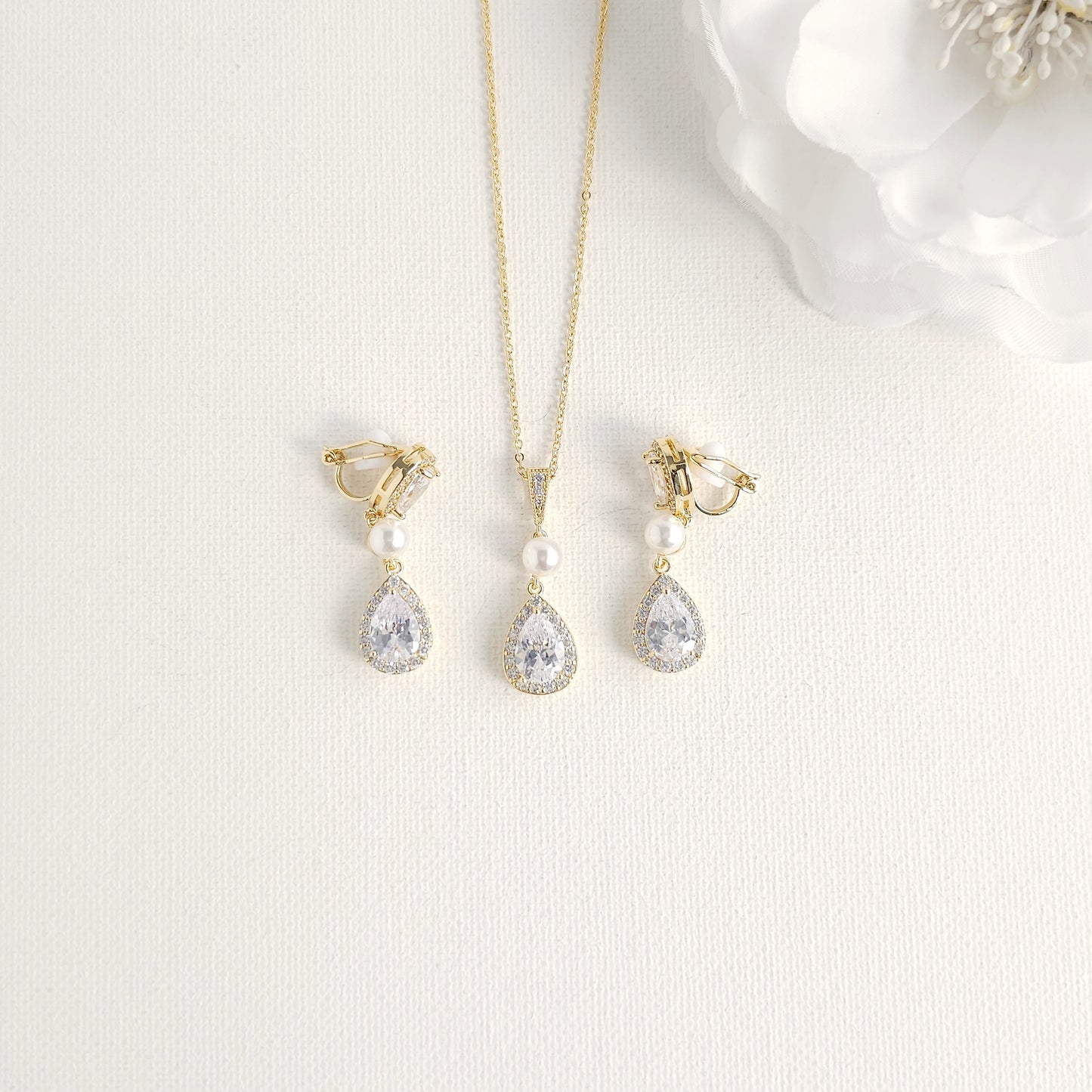 Silver 3-Piece Bridal Jewelry Set- Necklace, Bracelet & Clip-On Earrings- Emma