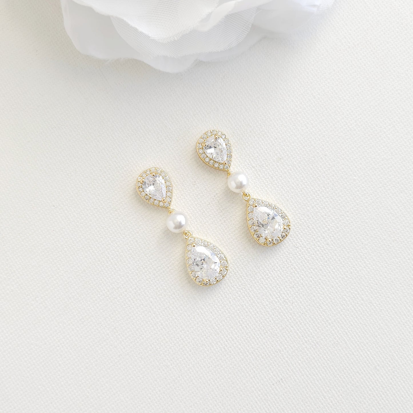 Teardrop Bridal Earrings: Rhodium-Plated Pearl & Cubic Zirconia -Emma