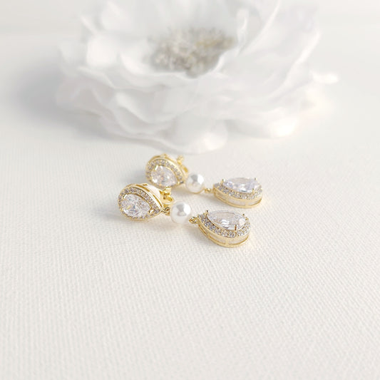 Gold Clip On Earrings with CZ Teardrops and Ivory Pearls- Emma