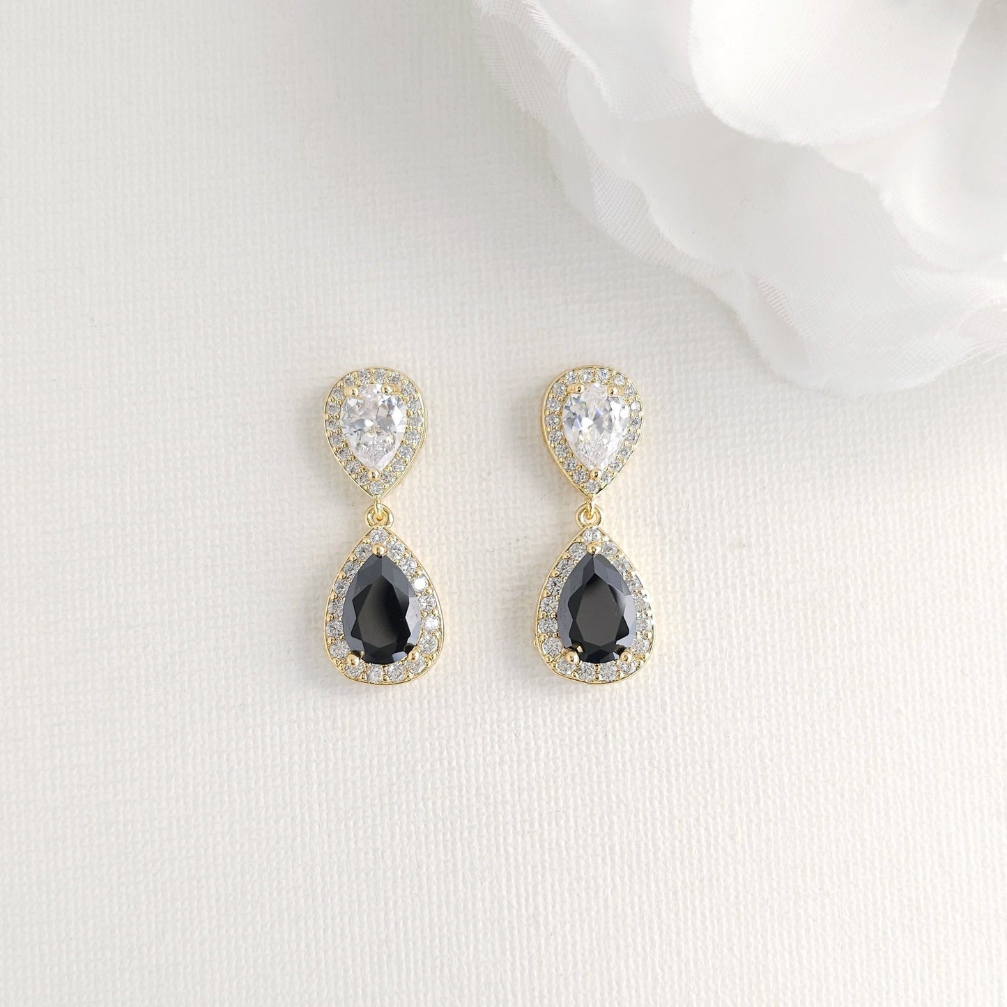 Black & Clear Cubic Zirconia Drop Earrings: Elegant Contrast, Two-Tone Design- Zoe