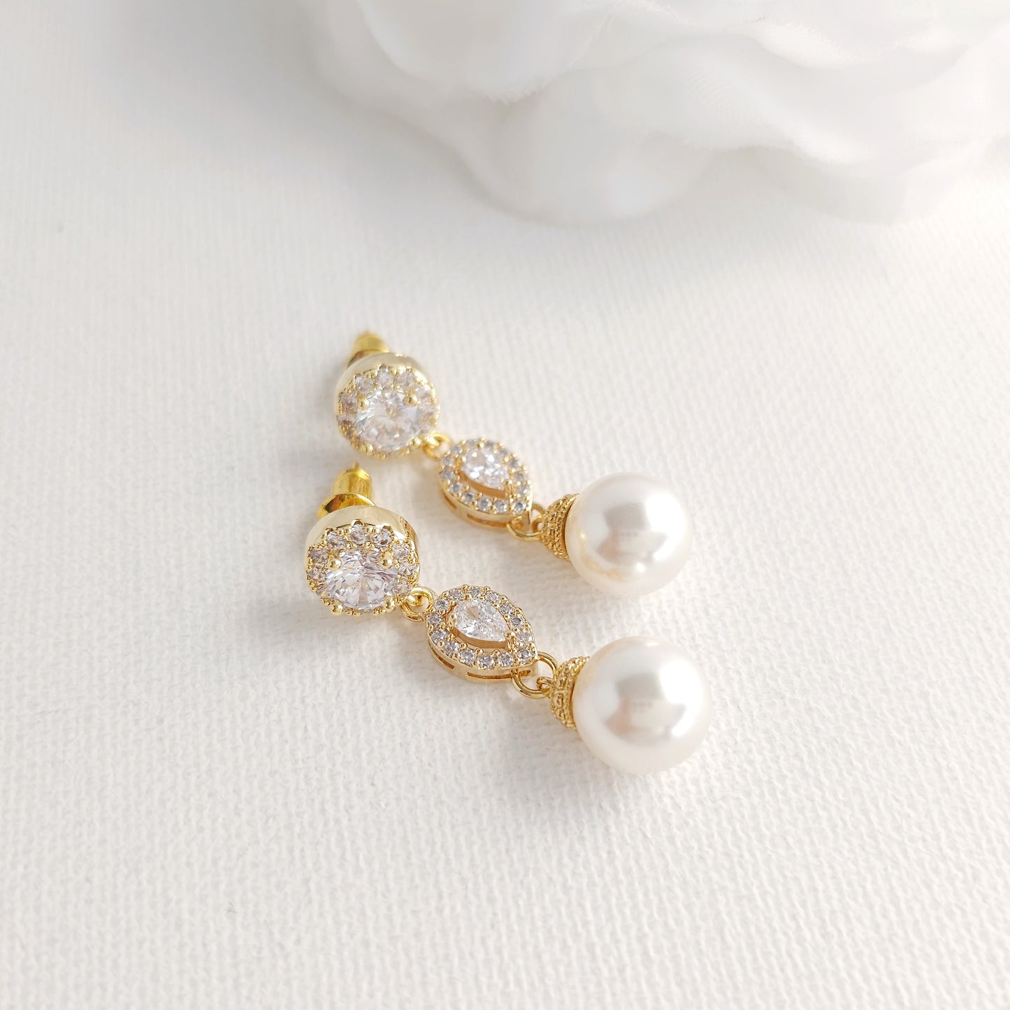 Rich Gold Pearl Jewelry Set: Classic CZ Necklace and Drop Earrings - Gwen